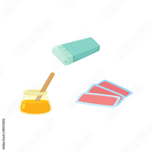 vector flat shaving, hair removal, epilation and depilation tools icon set. Electric epilator, hot wax bowl and wax strips. Isolated illustration on a white background.