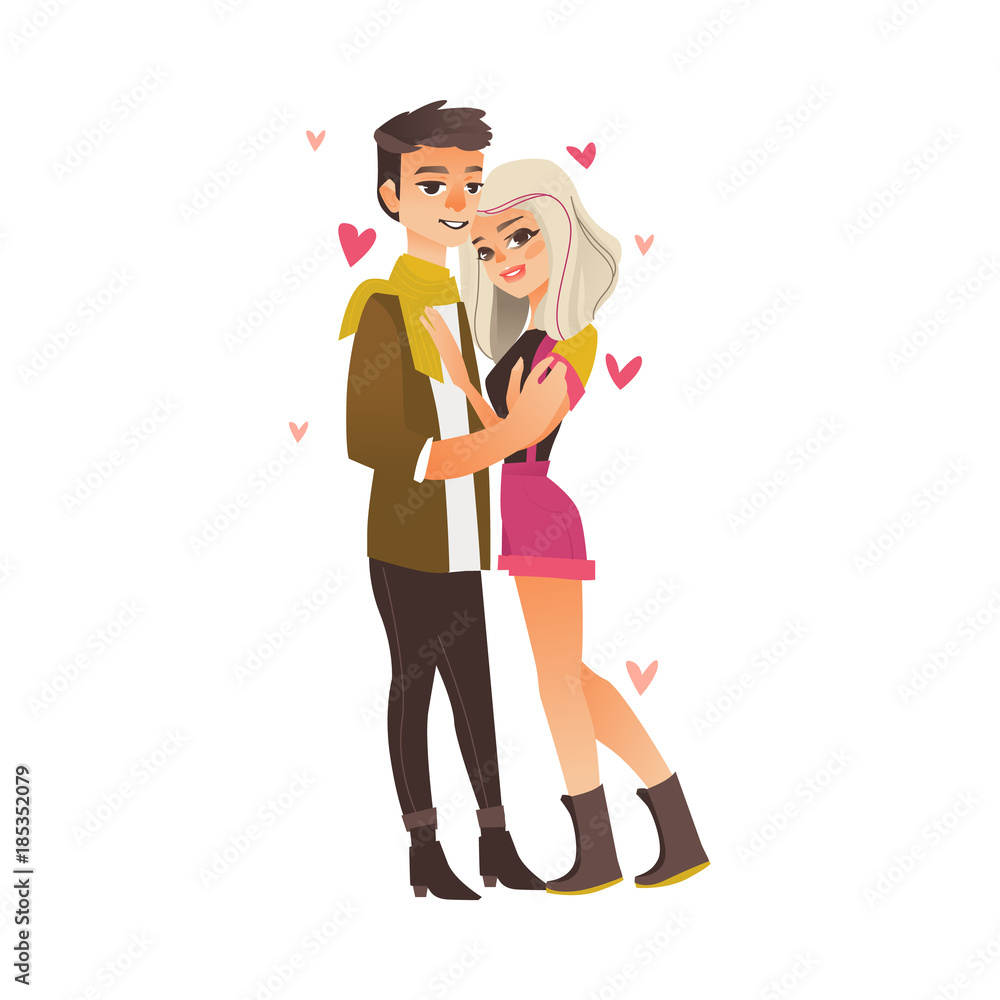 Vector young couple in love dating at valentine s day. Cartoon beautiful  characters in casual clothing hugging, embrasing expressing care, positive  emotions. Isolated illustration, white background Stock Vector | Adobe Stock