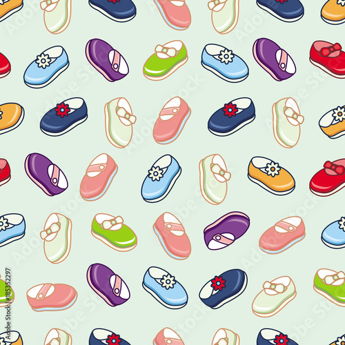 Seamless pattern of various little girl shoes, footwear items, cartoon vector illustration on white background. Seamless pattern with little girl shoes for textile, backdrop, wrapping paper design