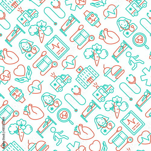 Cardiology seamless pattern with thin line icons: cardiologist, stethoscope, hospital, pulsometer, cardiogram, heartbeat. Modern vector illustration.