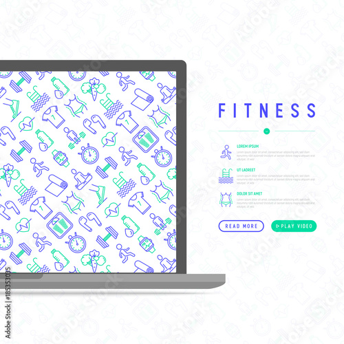 Fitness concept with thin line icons of running  dumbbell  waist  healthy food  swimming pool  pulse  wireless earphones  sportswear  yoga. Modern vector illustration for web page.