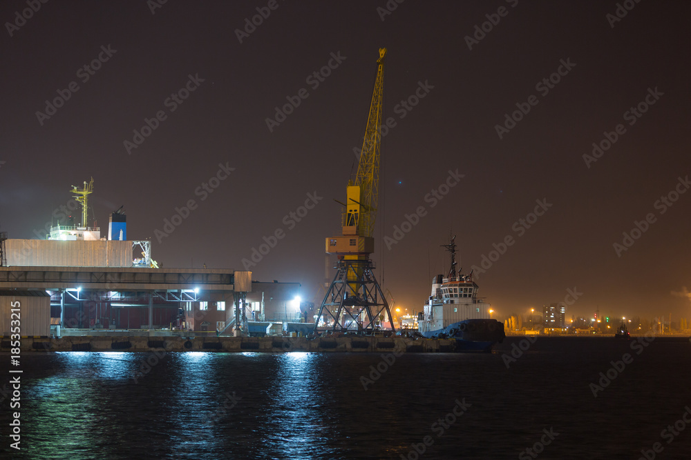 Port terminal of bulk cargo at night time. Industrial port at night