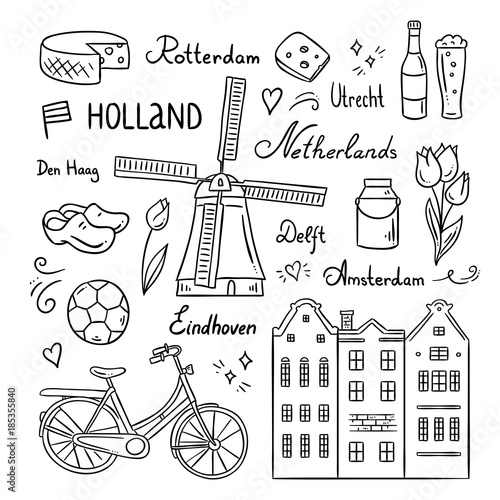 Hand drawn Netherlands illustration set. Holland symbols, visit Amsterdam travel icons and elements
