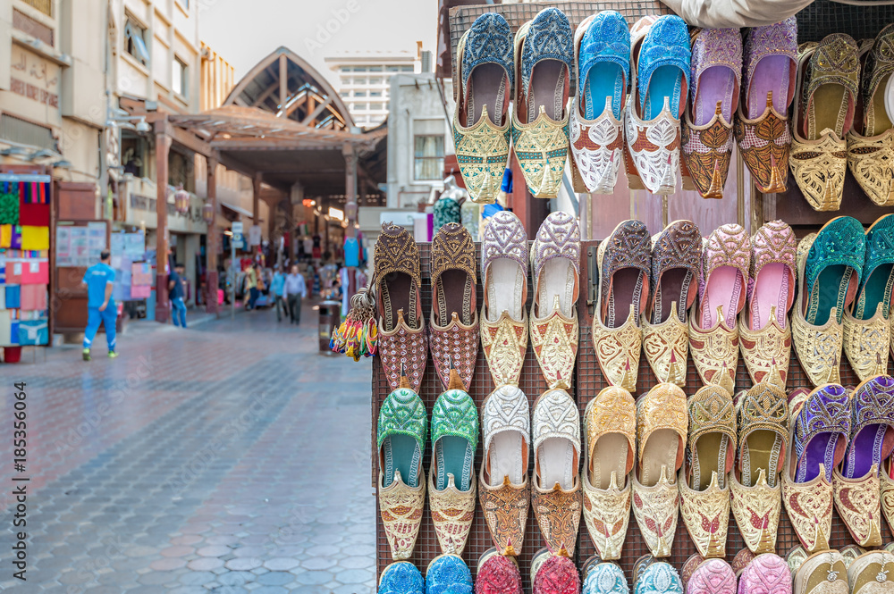 Colorful shoes in souk Dubai.