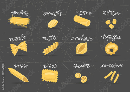 Vector collection of various hand-drawn pasta. For packaging and menu design.