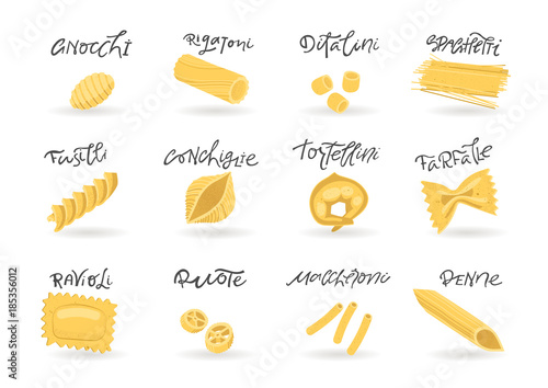 Vector collection of various hand-drawn pasta. For packaging and menu design.
