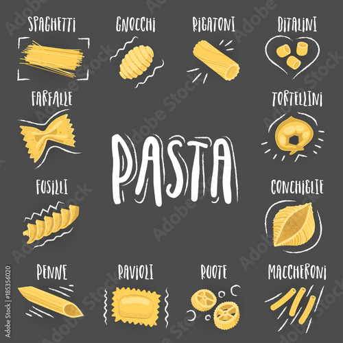 Vector collection of various hand-drawn pasta. For packaging and menu design.