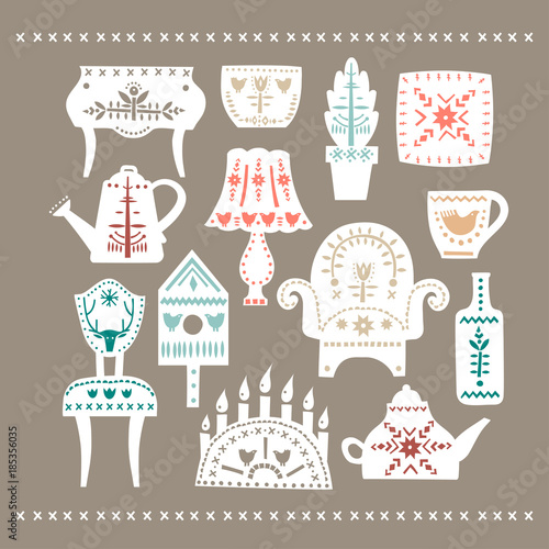 Vector set of white stylized cozy furniture decorated with colored patterns on a gray background.