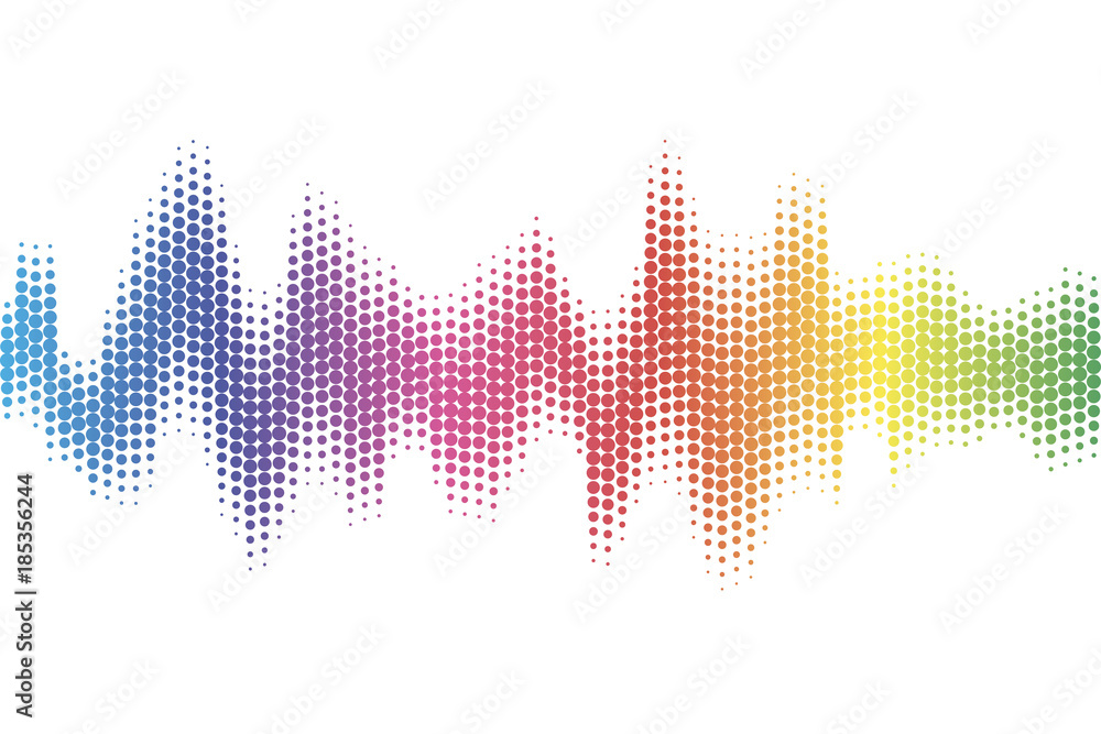 Digital sound equalizer with colored rainbow dots on white background. Vector illustration. - obrazy, fototapety, plakaty 