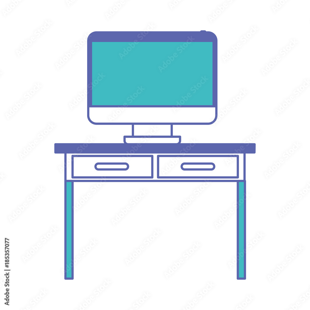 desk table with drawers and desktop computer above in front view in blue and purple color sections silhouette desk table with drawers and desktop computer above in front view in blue and purple color sections silhouette