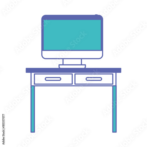 desk table with drawers and desktop computer above in front view in blue and purple color sections silhouette