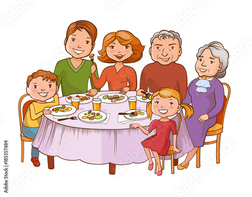 Cute cartoon family dined at the table