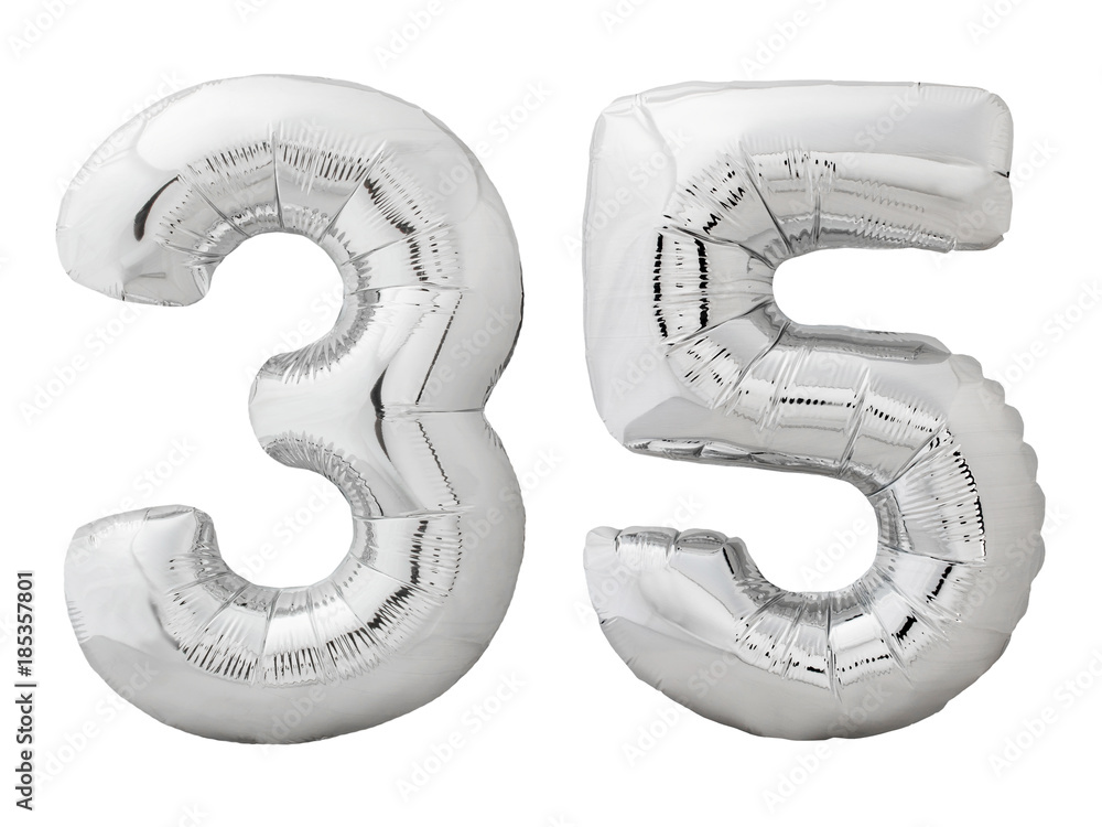Silver number 35 thirty five made of inflatable balloon isolated on white Silver number 35 thirty five made of inflatable balloon isolated on white