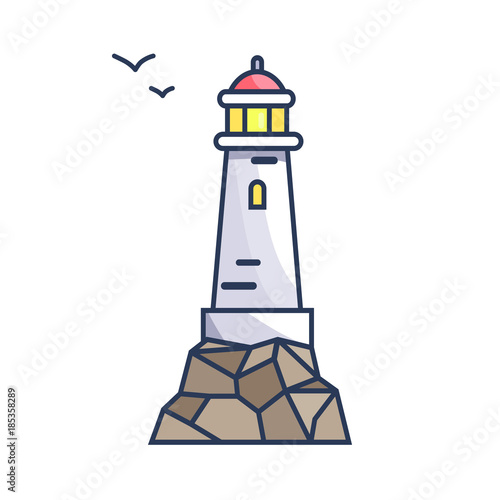 Tall Beacon with Light on Rock and Small Birds