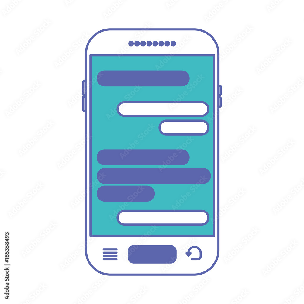 smartphone with chat text in screen in blue and purple color sections silhouette smartphone with chat text in screen in blue and purple color sections silhouette