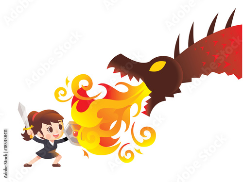 Vector cute business woman character raising sword and holding shield fighting with giant dragon, monster isolated on white background.