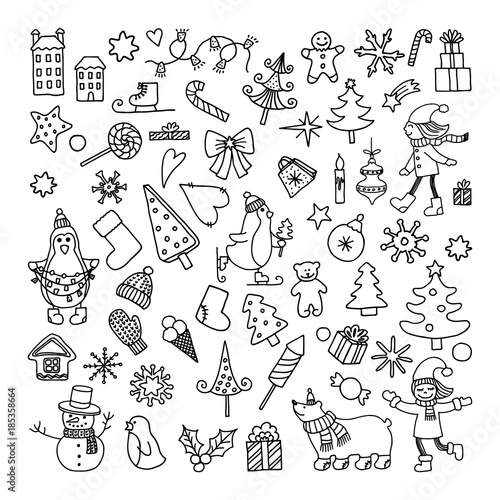 set of doodle cartoon objects and symbols on a New Year theme © color885