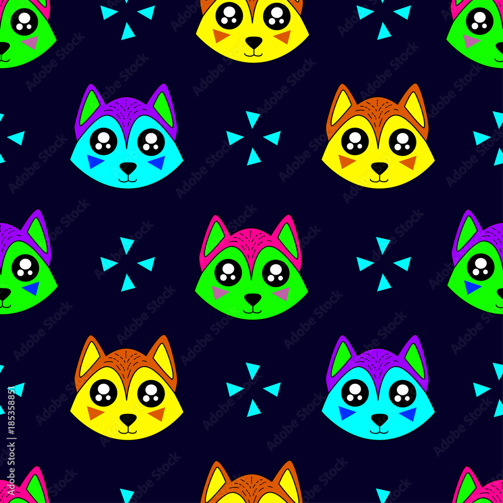 Cute kids wolf pattern for girls and boys. Colorful wolf on the abstract background create a fun cartoon drawing. The pattern is made in neon colors. Urban wolf pattern for textile and fabric. Cute kids wolf pattern for girls and boys. Colorful wolf on the abstract background create a fun cartoon drawing. The pattern is made in neon colors. Urban wolf pattern for textile and fabric.