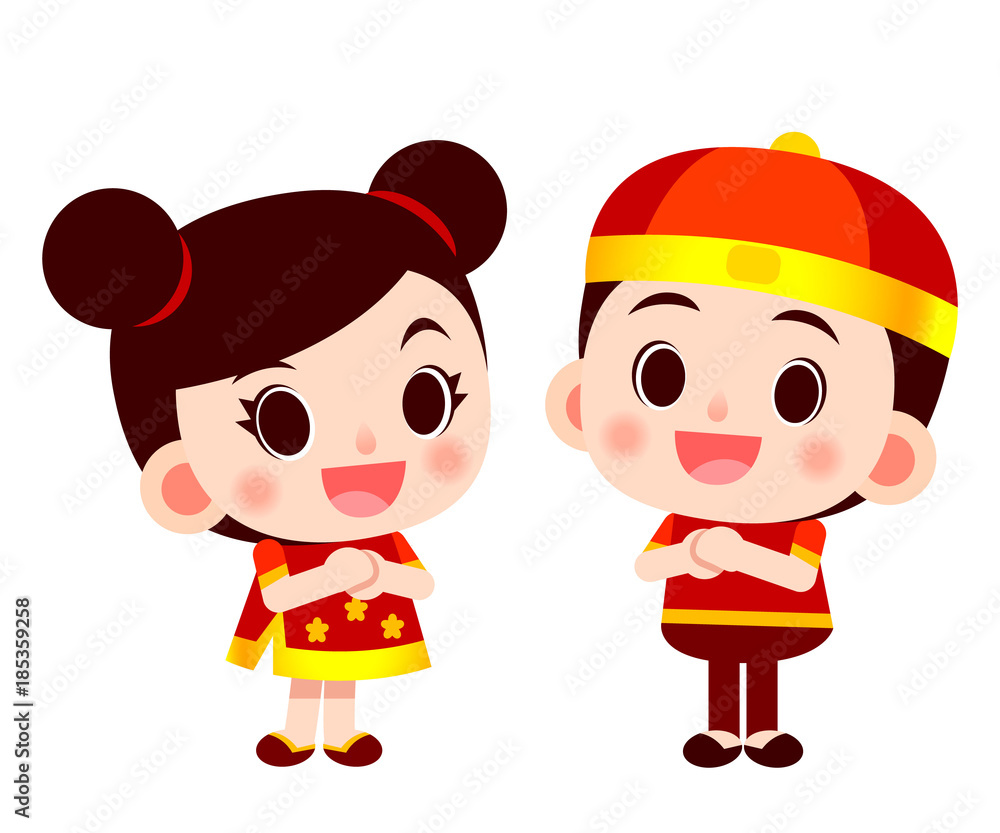 Vector cute happy Chinese girl and boy character isolated on white background. Vector cute happy Chinese girl and boy character isolated on white background.