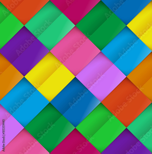 Colorful paper pattern on background colored rhombus vector illustration. Geometric holiday card from colored pieces by cloth or paper with shadow