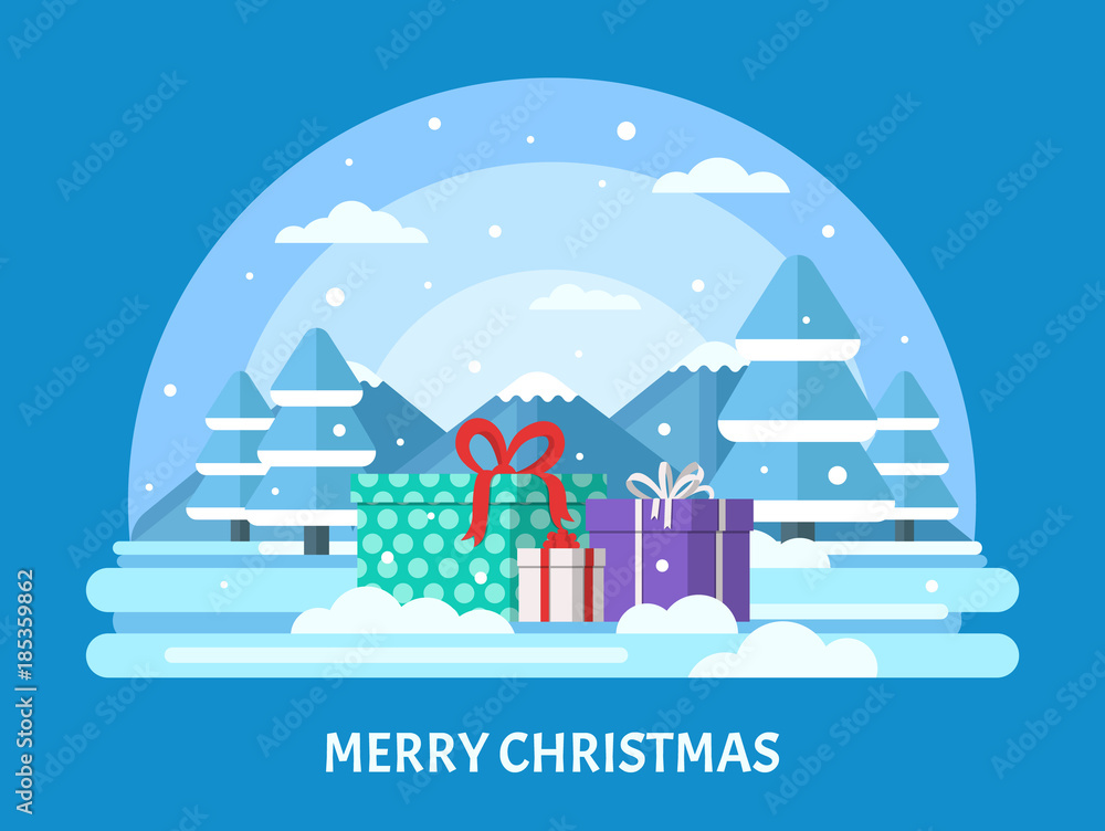 Gifts and winter landscape. Merry Christmas greeting card. Vector illustration.