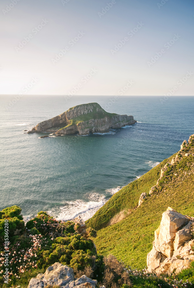 View of Deva island in a sunny day, in the coast of Bayas, Asturias, on Spain. It is the biggest island in all asturian coast.