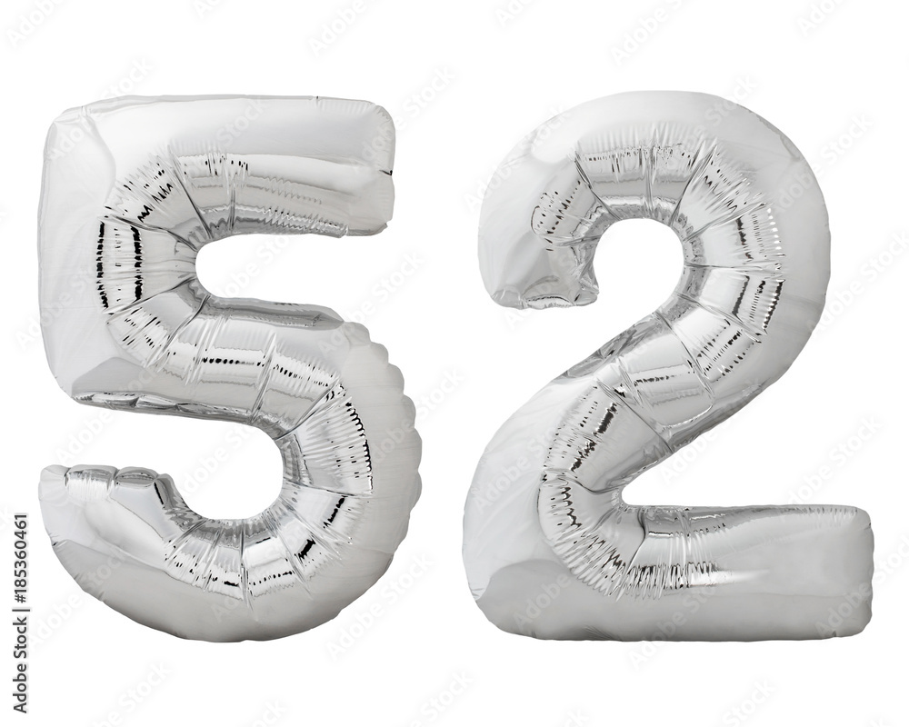 Silver number 52 fifty two made of inflatable balloon isolated on white Silver number 52 fifty two made of inflatable balloon isolated on white