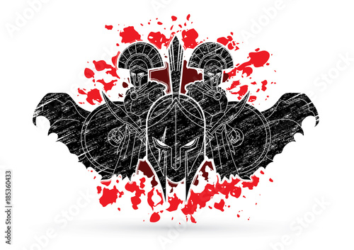 Roman or Greek Helmet , Spartan Helmet, and Angry Warrior composition designed on splatter blood background graphic vector