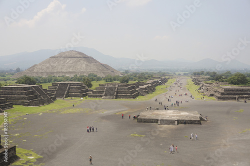 High angle view of tourists visiting pyramids in foggy weather, Teotihuacan, Mexico