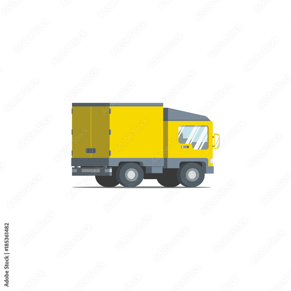 Four wheel yellow transport truck closed. Flat vector design illustration.