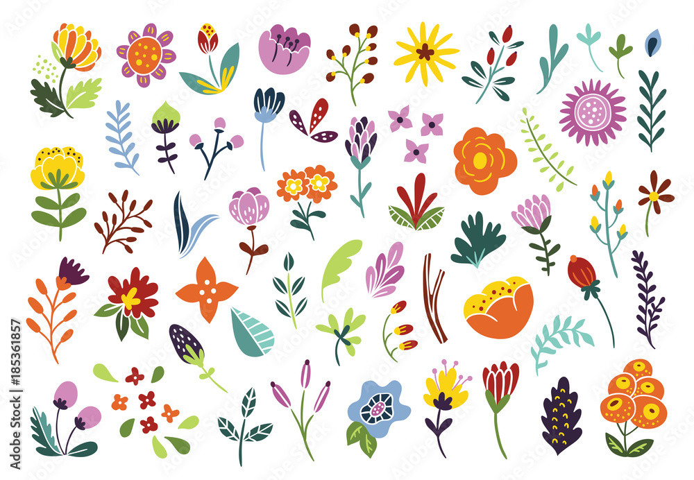 Color flowers and plants illustration set. Florals for graphic design