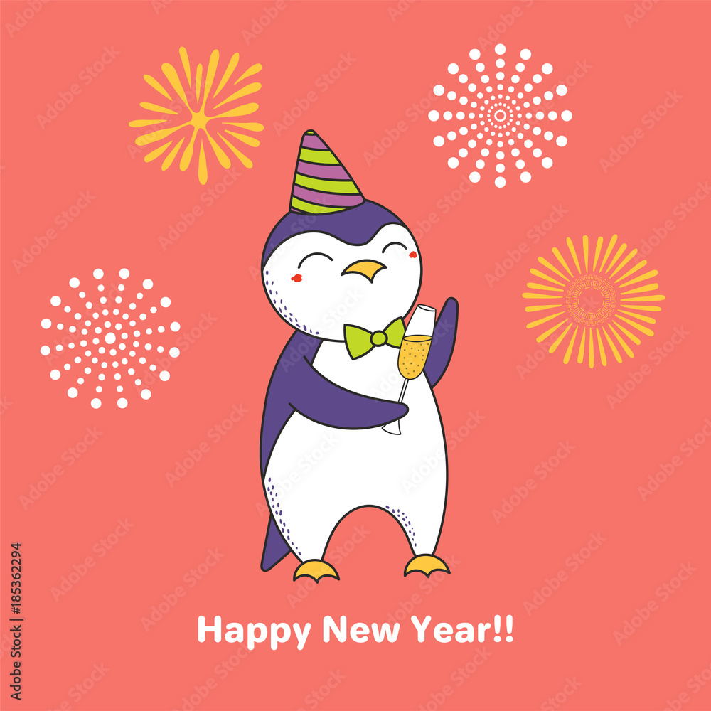 Hand drawn Happy New Year greeting card with cute funny cartoon penguin  with a glass of champagne, fireworks, text. Isolated objects. Vector  illustration. Design concept for party, celebration. Stock Vector | Adobe