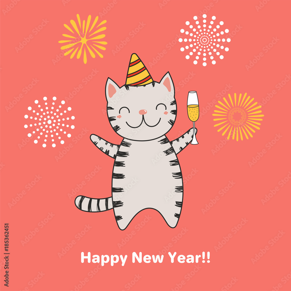 Hand drawn Happy New Year greeting card with cute funny cartoon cat with a  glass of champagne, fireworks, typography. Isolated objects. Vector  illustration. Design concept for party, celebration. Stock Vector | Adobe