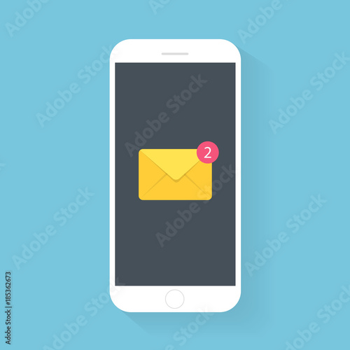 Flash Design with long shadow the smart phone with E-Mail on screen. The concept is E-mail Appllication on Smart Phone ,vector design Element illustration