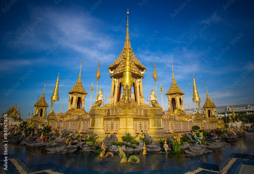 Naklejka premium Exhibition on royal cremation ceremony,Sanam Luang Ceremonial Ground,Bangkok,Thailand on November25,2017: Royal Crematorium for the Royal Cremation of His Majesty King Bhumibol Adulyadej