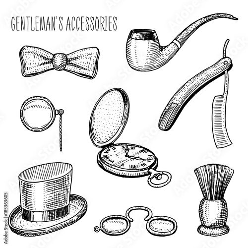gentleman accessories. hipster or businessman, victorian era. engraved hand drawn in old vintage sketch. cylinder hat, smoking pipe, straight razor, monocle, pince-nez, shaving brush, butterfly tie.