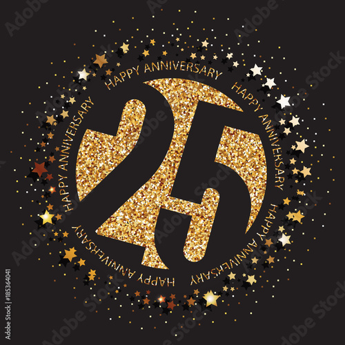 Decorative golden emblem of anniversary - vector illustration. 25th birthday logo.