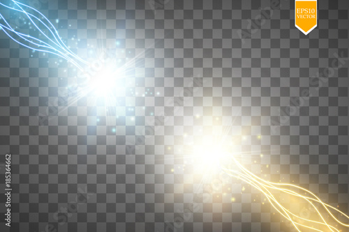 Collision of two forces with gold and blue light. Vector illustration. Hot and cold sparkling power. Energy lightning with electric discharge