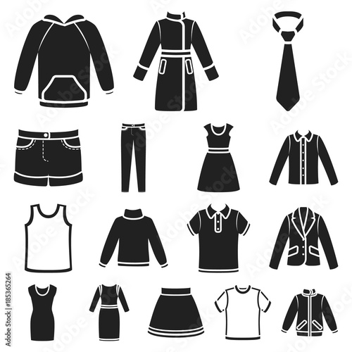 Different kinds of clothes black icons in set collection for design. Clothes and style vector symbol stock web illustration.