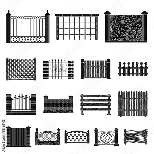 Different fence black icons in set collection for design.Decorative fencing vector symbol stock web illustration.