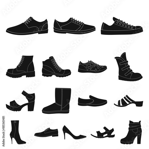 Different shoes black icons in set collection for design. Men's and women's shoes vector symbol stock web illustration.