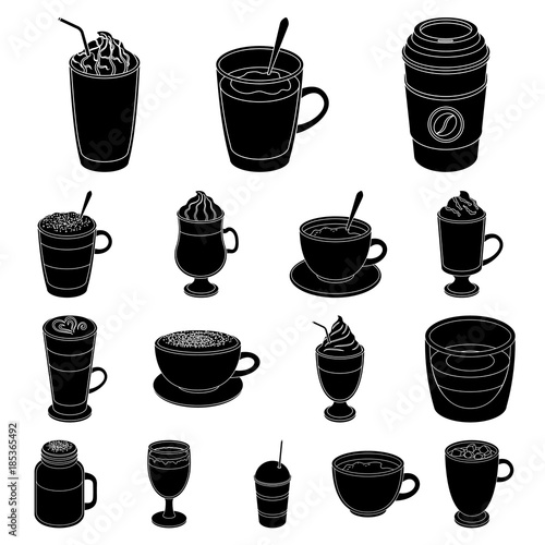 Different kinds of coffee black icons in set collection for design. Coffee drink vector symbol stock web illustration.