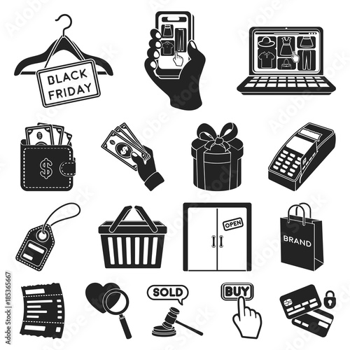 E-commerce, Purchase and sale black icons in set collection for design. Trade and finance vector symbol stock web illustration.