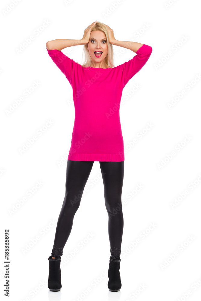 Surprised And Shocked Woman Is Holding Head In Hands And Shouting Surprised And Shocked Woman Is Holding Head In Hands And Shouting
