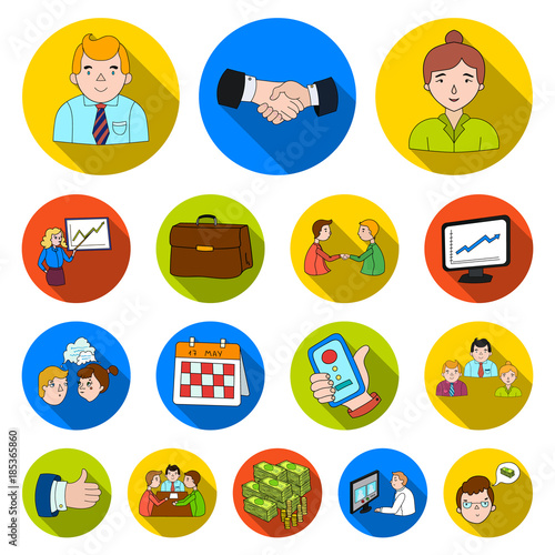 Business Conference And Negotiations flat icons in set collection for design.Business and training vector symbol stock web illustration.