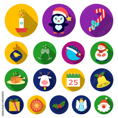Christmas attributes and accessories flat icons in set collection for design. Merry Christmas vector symbol stock web illustration.