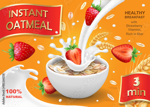 Oatmeal and strawberry. Oat grains, flakes and milk splashes. Realistic vector, package design