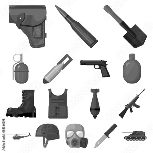 Army and armament monochrome icons in set collection for design. Weapons and equipment vector symbol stock web illustration.