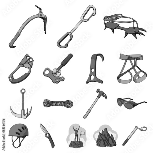 Mountaineering and climbing monochrome icons in set collection for design. Equipment and accessories vector symbol stock web illustration.