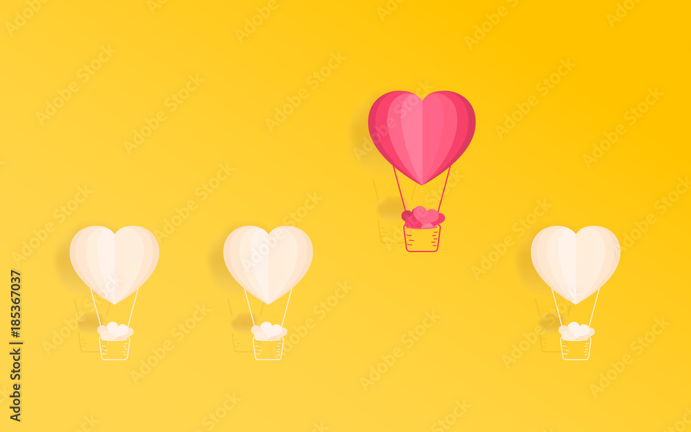 Happy valentine's day concept of love. Outstanding heart shape hot air balloon carrying a lot of heart. Paper art design.